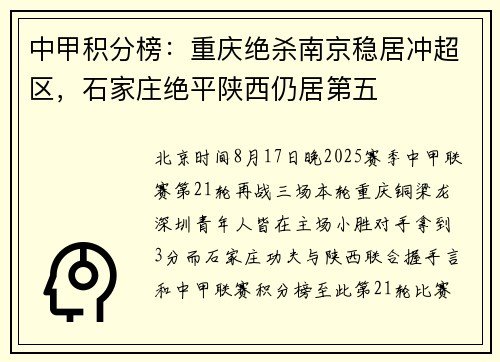 中甲积分榜：重庆绝杀南京稳居冲超区，石家庄绝平陕西仍居第五